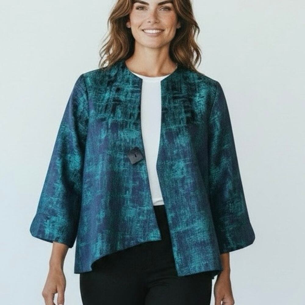 JOSEPH RIBKOFF swing blazer jacket textured asymmetric in teal blue Size 10 NWT